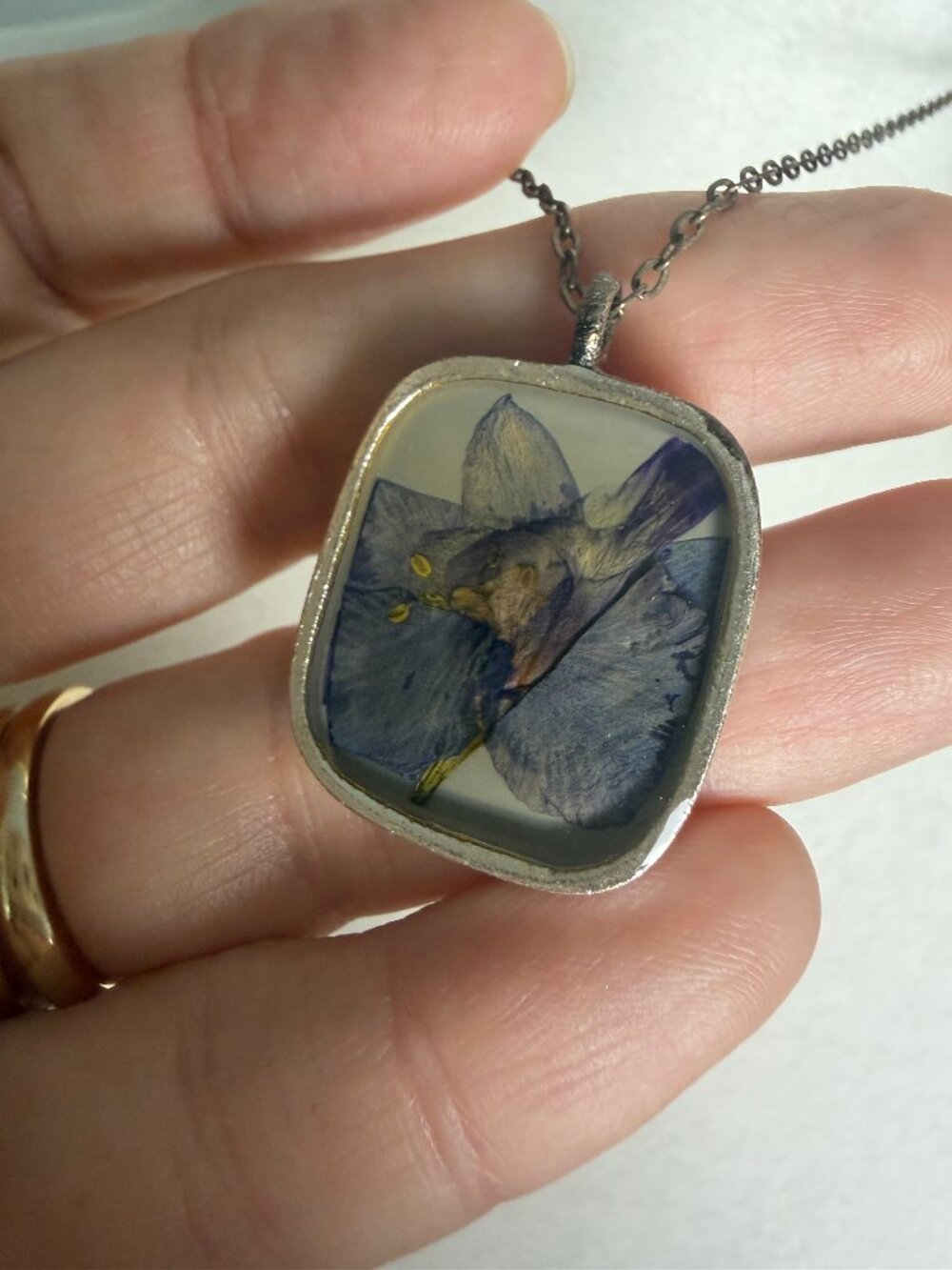 Shar Dixon Pressed Real Flower in Resin Silver Tone Pendant Necklace